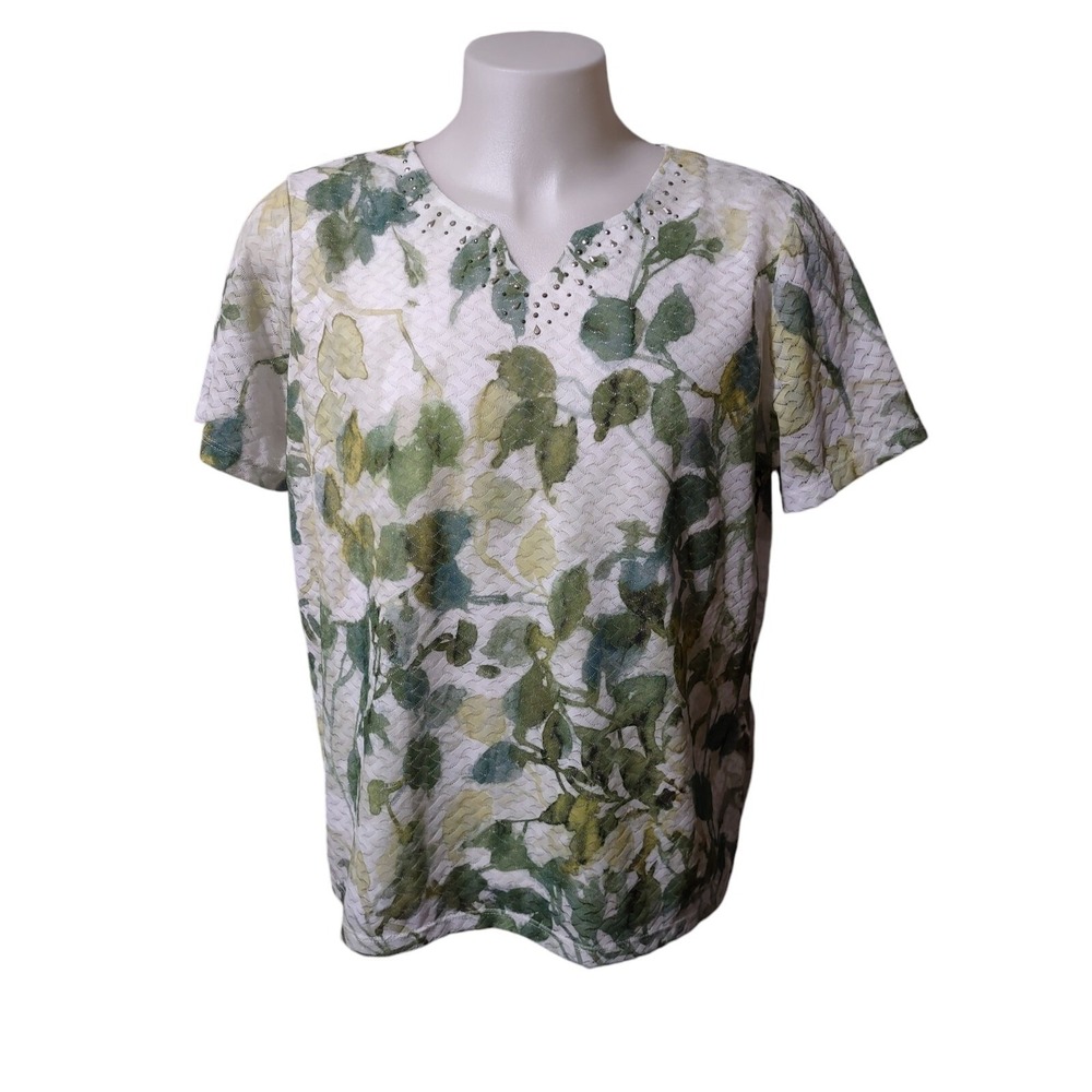 Alfred Dunner Shirt Womens Large Top Tunic Blouse Sheer Lined Short Sleeves Leaf